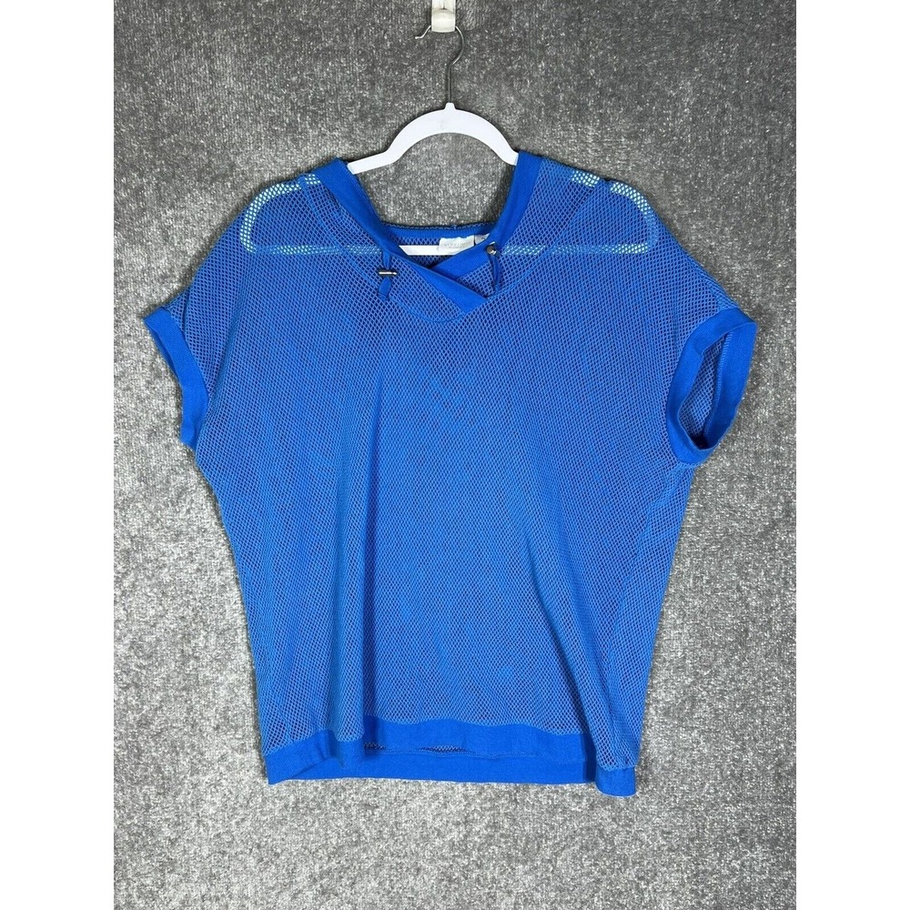 Weekends By Chicos Mesh Cover Up Top Womens Sz 2 US Sz 12 Blue Pullover Hooded